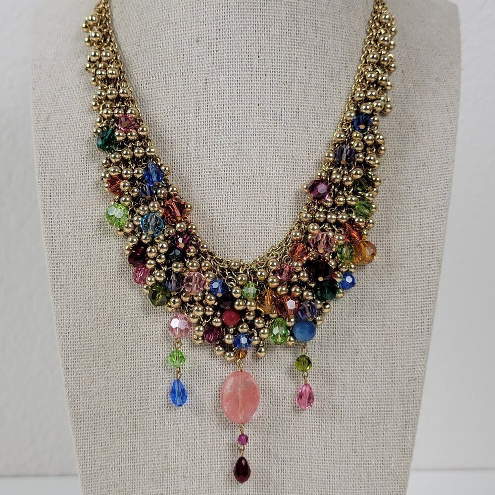 Gold Tone Ball Bead Cluster Multicolor Crystal Charm Mesh Collar Necklace 16 In